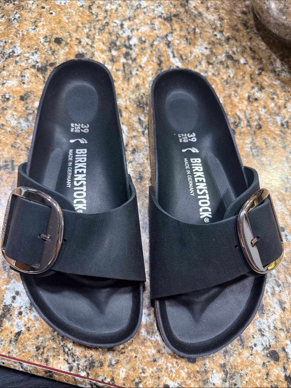 Birkenstock Black Slide Sandals with Silver Buckles